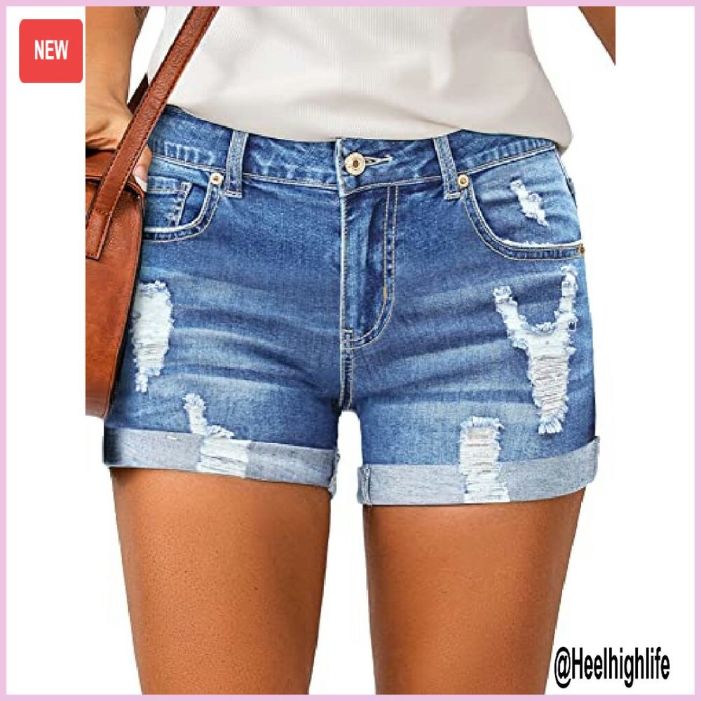 High Waisted Distressed Denim Shorts with Rolled Hem, Ripped Design - Picture 2 of 8